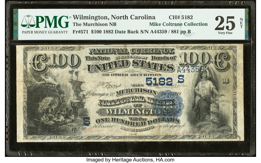 image for: Wilmington, NC - $100 1882 Date Back Fr. 571 The Murchison National Bank Ch. # (S)5182 PMG Very Fine 25 Net....