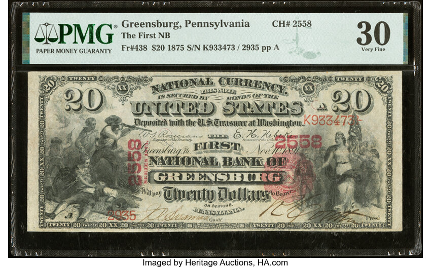image for: Greensburg, PA - $20 1875 Fr. 438 The First National Bank Ch. # 2558 PMG Very Fine 30....