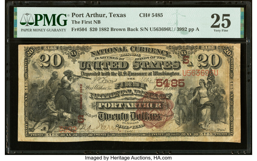 image for: Port Arthur, TX - $20 1882 Brown Back Fr. 504 The First National Bank Ch. # (S)5485 PMG Very Fine 25....