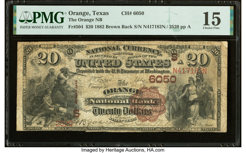 image for: Orange, TX - $20 1882 Brown Back Fr. 504 The Orange National Bank Ch. # (S)6050 PMG Choice Fine 15....