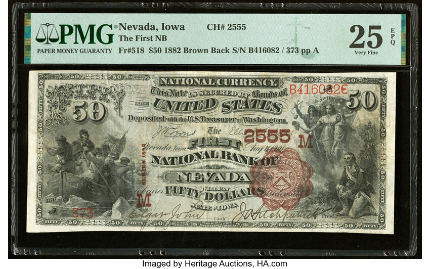 image for: Nevada, IA - $50 1882 Brown Back Fr. 518 The First National Bank Ch. # (M)2555 PMG Very Fine 25 EPQ....