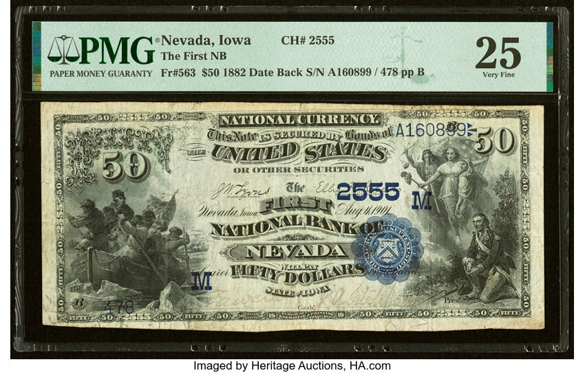 image for: Nevada, IA - $50 1882 Date Back Fr. 563 The First National Bank Ch. # 2555 PMG Very Fine 25....