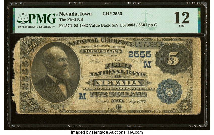 image for: Nevada, IA - $5 1882 Value Back Fr. 574 The First National Bank Ch. # (M)2555 PMG Fine 12....