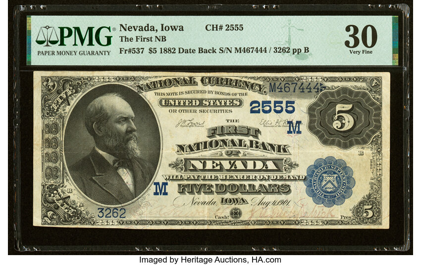 image for: Nevada, IA - $5 1882 Date Back Fr. 537 The First National Bank Ch. # (M)2555 PMG Very Fine 30....