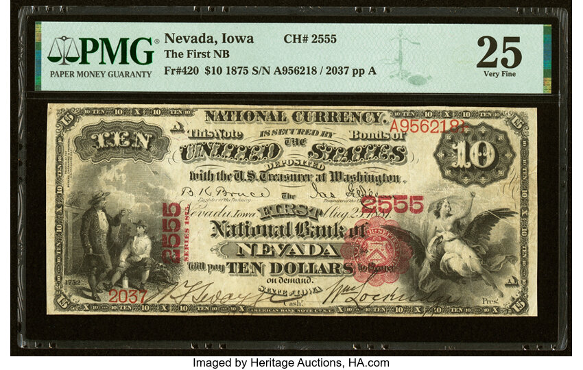 image for: Nevada, IA - $10 1875 Fr. 420 The First National Bank Ch. # 2555 PMG Very Fine 25....