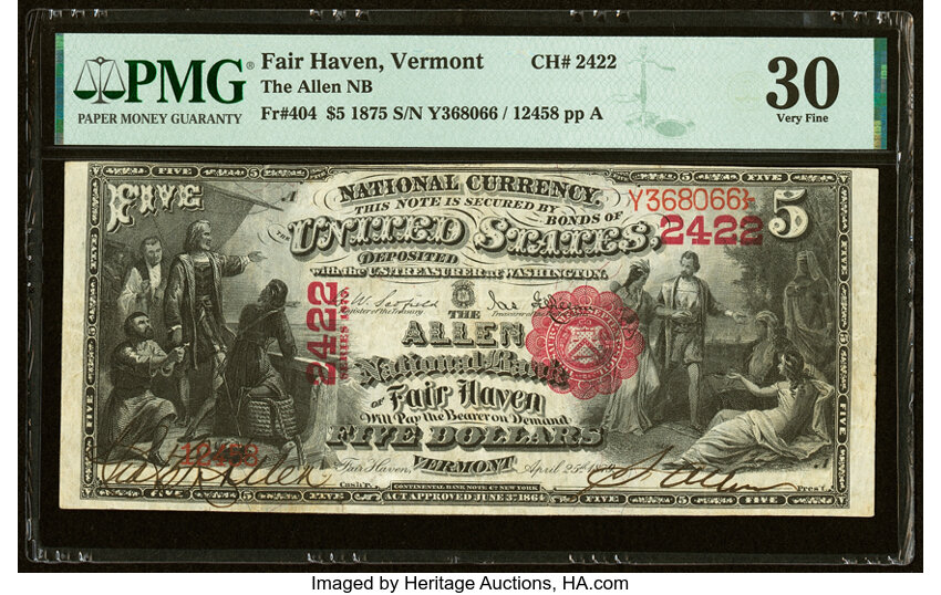 image for: Fair Haven, VT - $5 1875 Fr. 404 The Allen National Bank Ch. # 2422 PMG Very Fine 30....