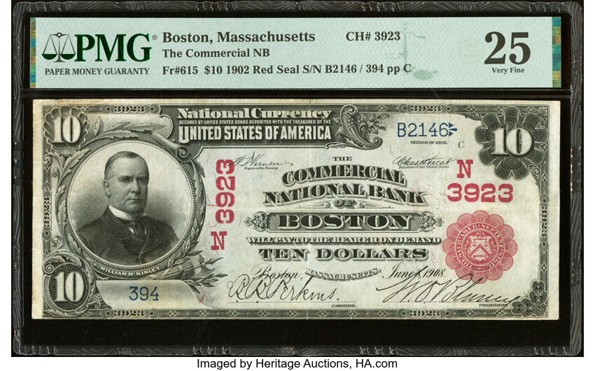image for: Boston, MA - $10 1902 Red Seal Fr. 615 The Commercial National Bank Ch. # (N)3923 PMG Very Fine 25....