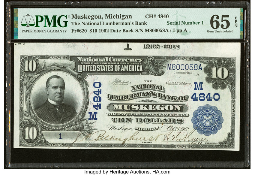image for: Serial Number 1 Muskegon, MI - $10 1902 Date Back Fr. 620 The National Lumberman's Bank Ch. # (M)4840 PMG Gem Uncirculated 65 ...