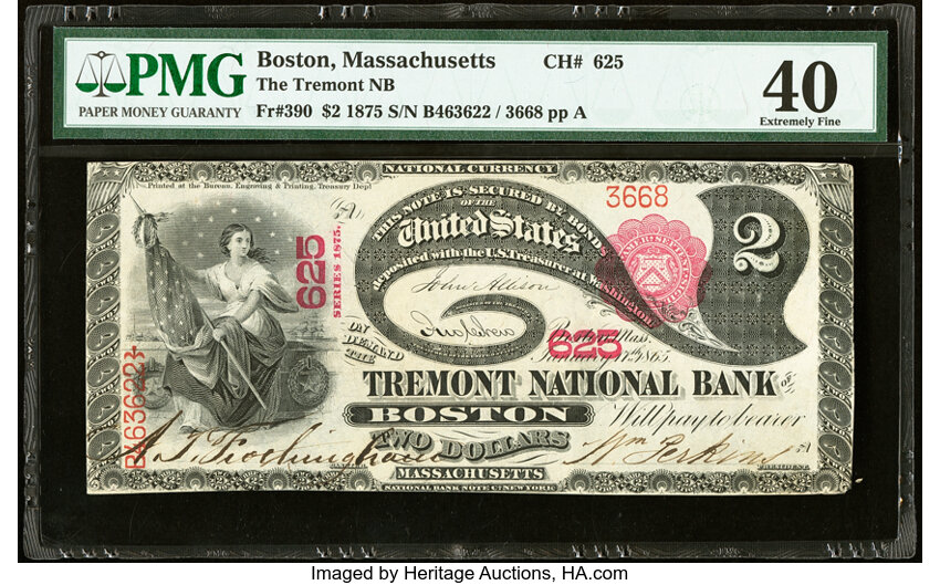 image for: Boston, MA - $2 1875 Fr. 390 The Tremont National Bank Ch. # 625 PMG Extremely Fine 40....