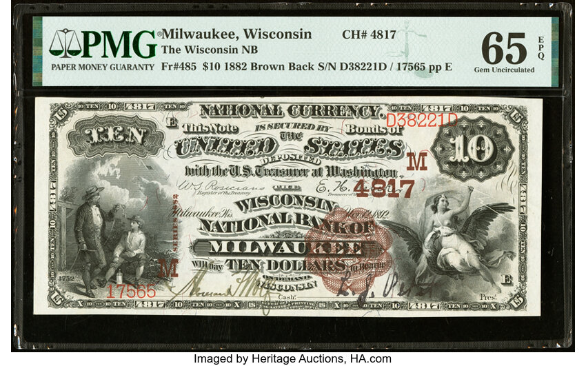 image for: Milwaukee, WI - $10 1882 Brown Back Fr. 485 The Wisconsin National Bank Ch. # (M)4817 PMG Gem Uncirculated 65 EPQ....