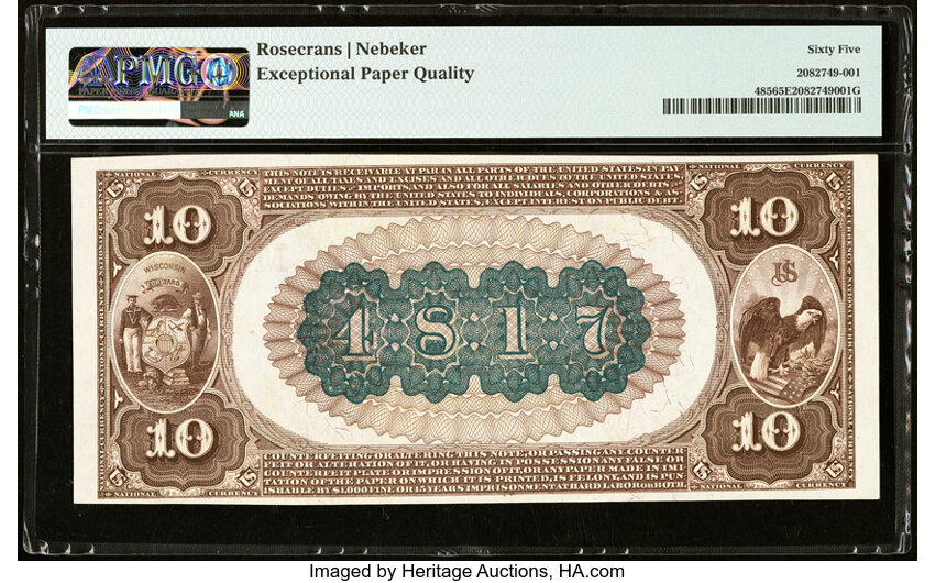 image for: Milwaukee, WI - $10 1882 Brown Back Fr. 485 The Wisconsin National Bank Ch. # (M)4817 PMG Gem Uncirculated 65 EPQ....