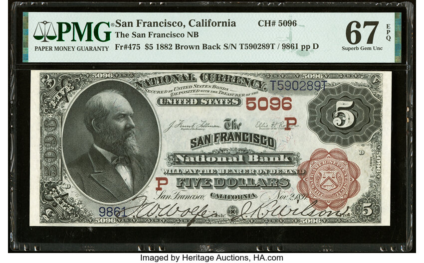 image for: San Francisco, CA - $5 1882 Brown Back Fr. 475 The San Francisco National Bank Ch. # (P)5096 PMG Superb Gem Unc 67 EPQ....