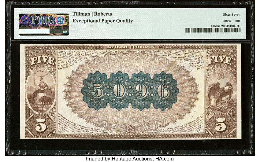 image for: San Francisco, CA - $5 1882 Brown Back Fr. 475 The San Francisco National Bank Ch. # (P)5096 PMG Superb Gem Unc 67 EPQ....