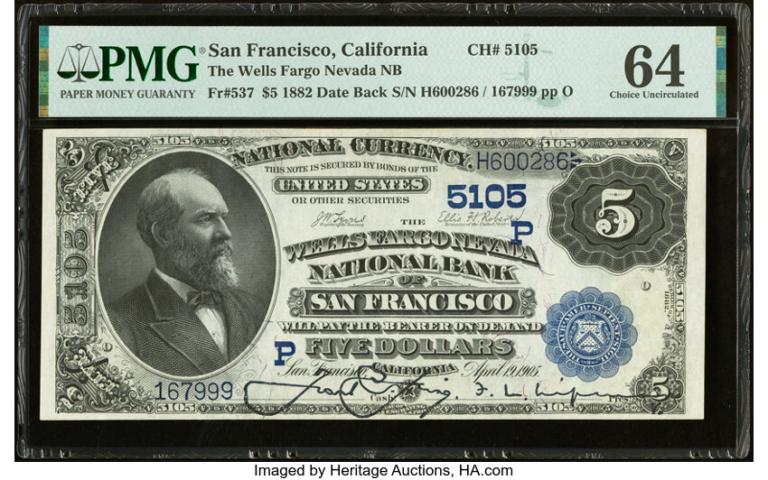 image for: San Francisco, CA - $5 1882 Date Back Fr. 537 Wells Fargo Nevada National Bank Ch. # (P)5105 PMG Choice Uncirculated 6...