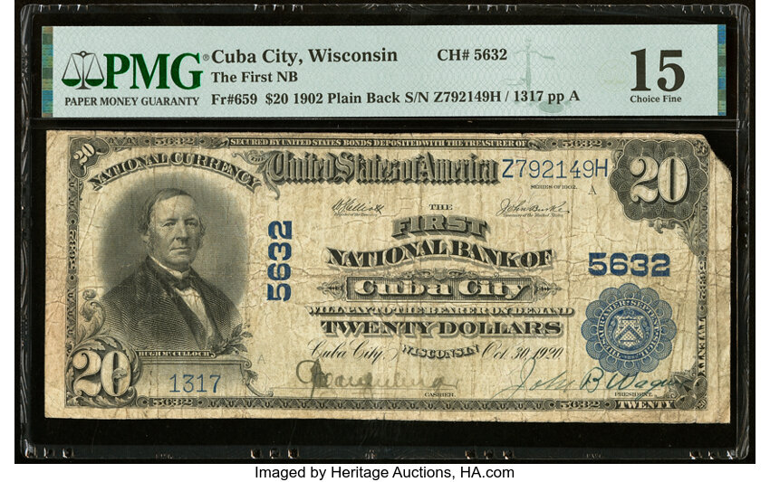 image for: Cuba City, WI - $20 1902 Plain Back Fr. 659 The First National Bank Ch. # 5632 PMG Choice Fine 15....