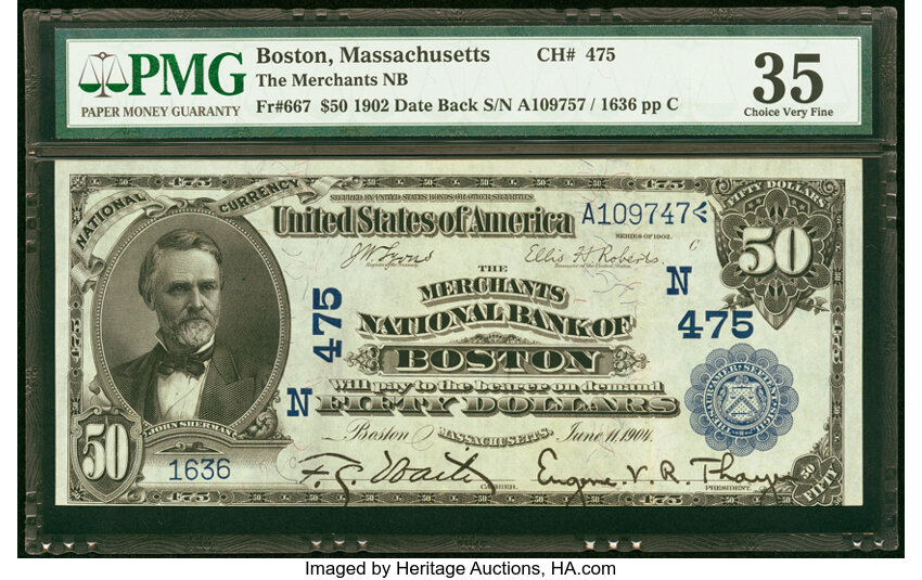 image for: Boston, MA - $50 1902 Date Back Fr. 667 The Merchants National Bank Ch. # (N)475 PMG Choice Very Fine 35....