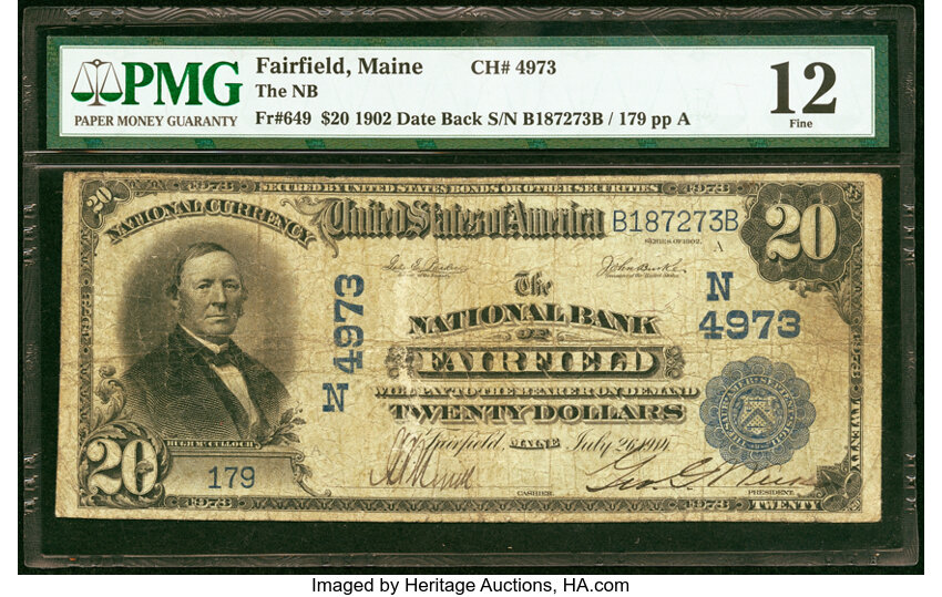 image for: Fairfield, ME - $20 1902 Date Back Fr. 649 The National Bank of Fairfield Ch. # (N)4973 PMG Fine 12....