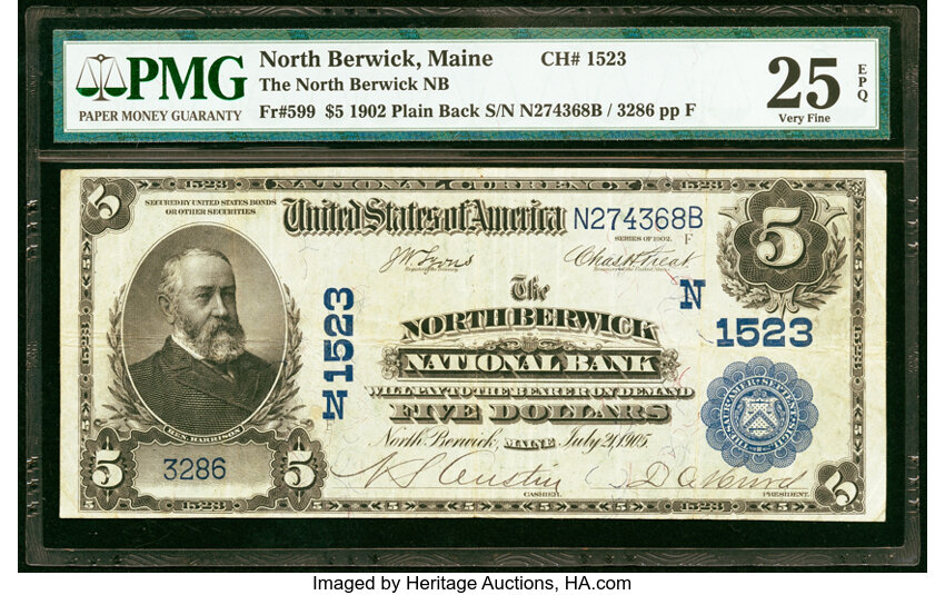 image for: North Berwick, ME - $5 1902 Plain Back Fr. 599 The North Berwick National Bank Ch. # (N)1523 PMG Very Fine 25 EPQ....