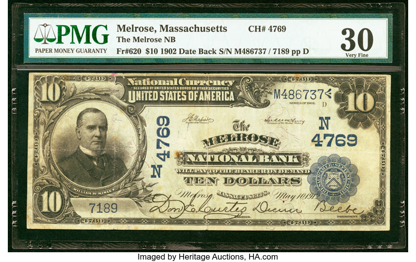 image for: Melrose, MA - $10 1902 Date Back Fr. 620 The Melrose National Bank Ch. # (N)4769 PMG Very Fine 30....