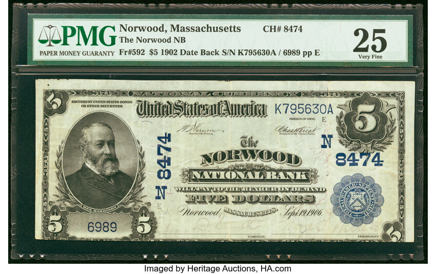 image for: Norwood, MA - $5 1902 Date Back Fr. 592 The Norwood National Bank Ch. # (N)8474 PMG Very Fine 25....