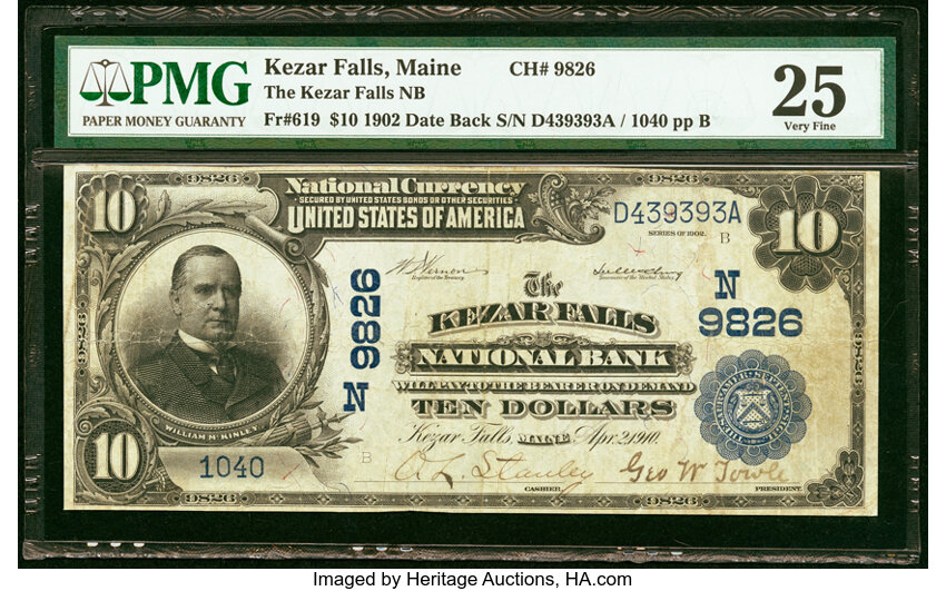 image for: Kezar Falls, ME - $10 1902 Date Back Fr. 619 The Kezar Falls National Bank Ch. # (N)9826 PMG Very Fine 25....