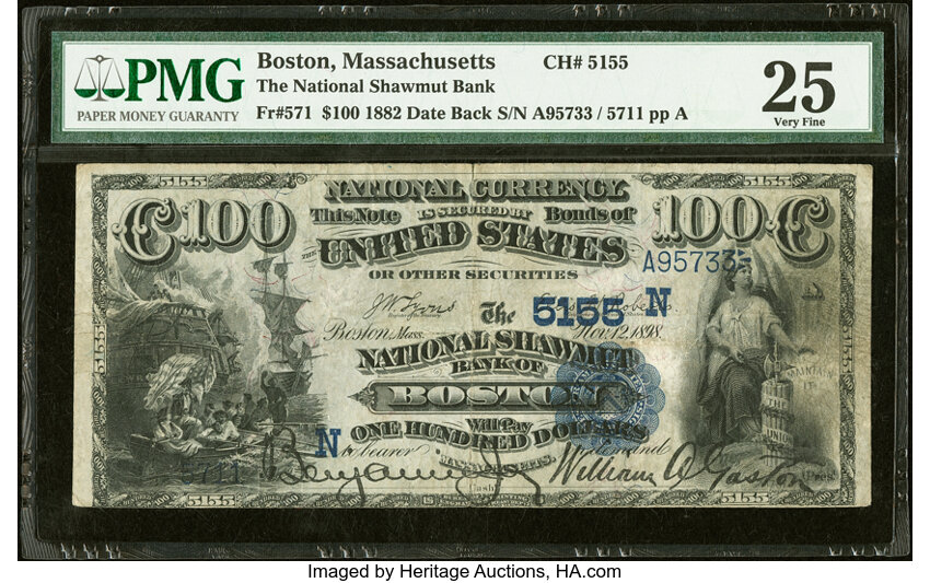 image for: Boston, MA - $100 1882 Date Back Fr. 571 The National Shawmut Bank Ch. # (N)5155 PMG Very Fine 25....
