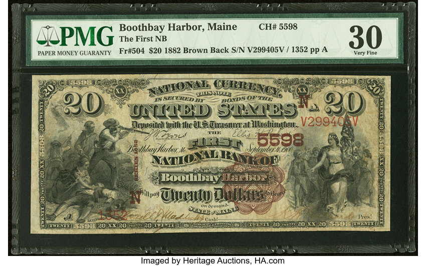 image for: Boothbay Harbor, ME - $20 1882 Brown Back Fr. 504 The First National Bank Ch. # (N)5598 PMG Very Fine 30....