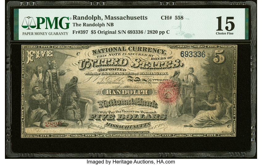 image for: Randolph, MA - $5 Original Fr. 397 The Randolph National Bank Ch. # 558 PMG Choice Fine 15....