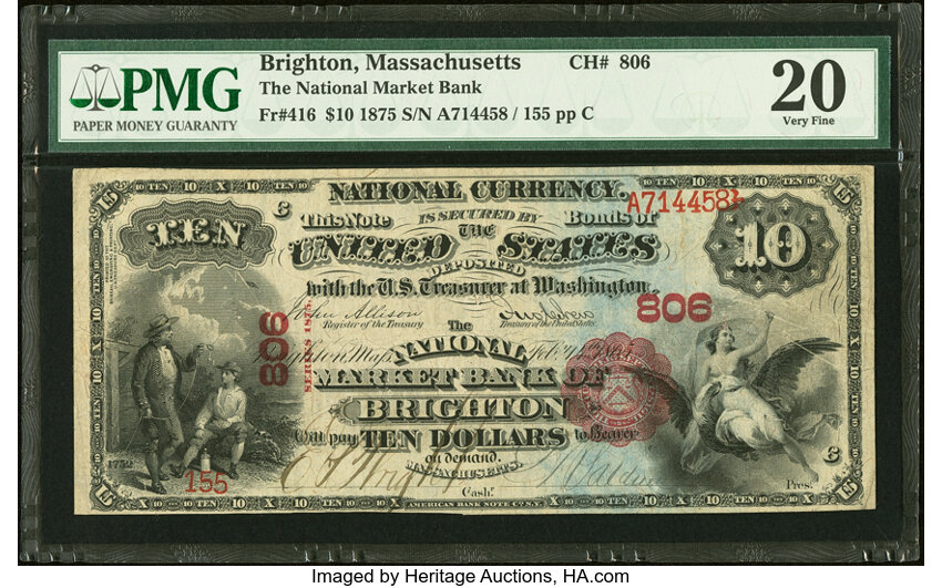 image for: Brighton, MA - $10 1875 Fr. 416 The National Market Bank Ch. # 806 PMG Very Fine 20....