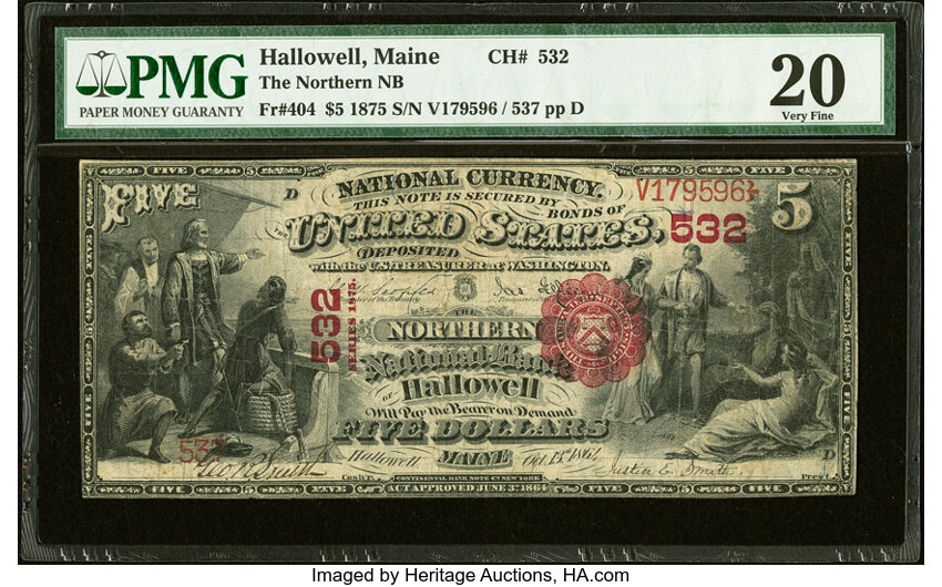 image for: Hallowell, ME - $5 1875 Fr. 404 The Northern National Bank Ch. # 532 PMG Very Fine 20....