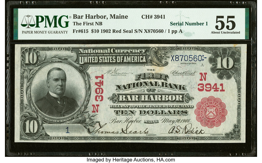 image for: Serial Number 1 Bar Harbor, ME - $10 1902 Red Seal Fr. 615 The First National Bank Ch. # (N)3941 PMG About Uncirculated 55....