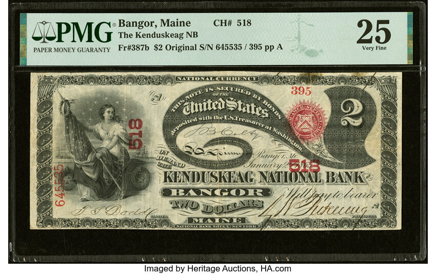 image for: Bangor, ME - $2 Original Fr. 387b The Kenduskeag National Bank Ch. # 518 PMG Very Fine 25....