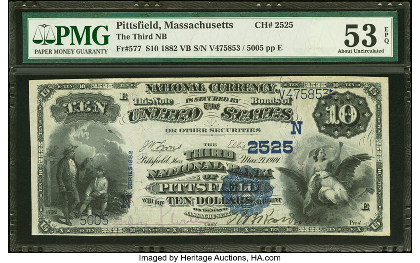 image for: Pittsfield, MA - $10 1882 Value Back Fr. 577 The Third National Bank Ch. # (N)2525 PMG About Uncirculated 53 EPQ....