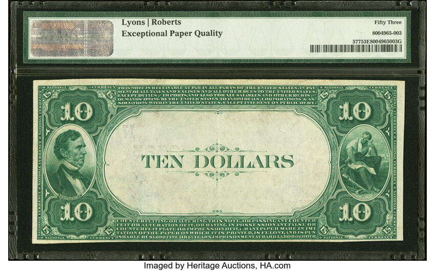 image for: Pittsfield, MA - $10 1882 Value Back Fr. 577 The Third National Bank Ch. # (N)2525 PMG About Uncirculated 53 EPQ....