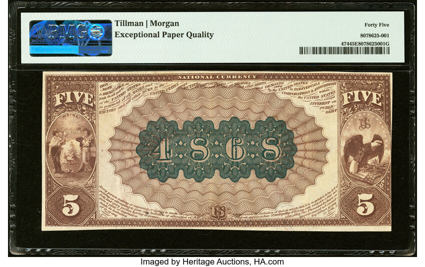 image for: Serial Number 1 Portland, ME - $5 1882 Brown Back Fr. 474 The Chapman National Bank Ch. # 4868 PMG Choice Extremely Fine 45 EP...