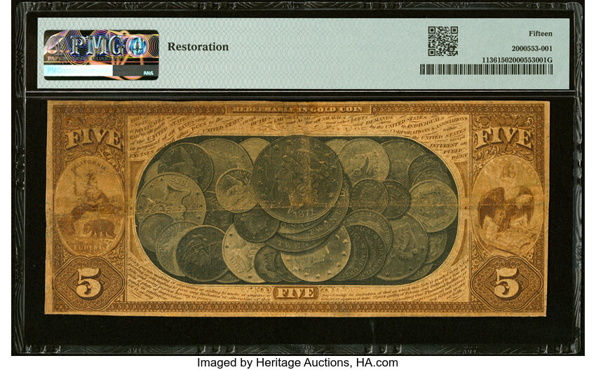 image for: San Francisco, CA - $5 1870 Fr. 1136 The First National Gold Bank Ch. # 1741 PMG Choice Fine 15....