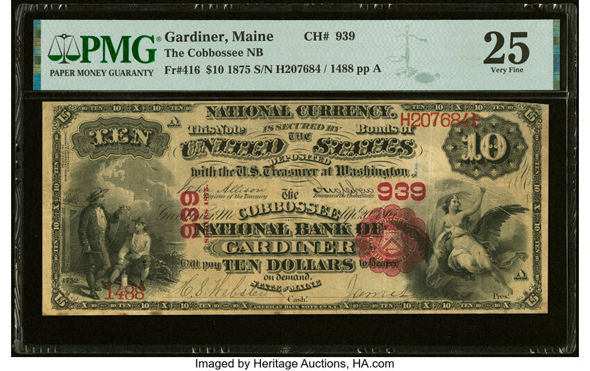 image for: Gardiner, ME - $10 1875 Fr. 416 The Cobbossoe National Bank Ch. # 939 PMG Very Fine 25....
