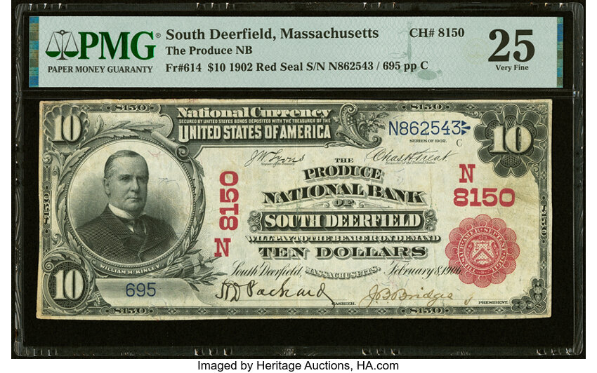 image for: South Deerfield, MA - $10 1902 Red Seal Fr. 614 The Produce National Bank Ch. # 8150 PMG Very Fine 25....