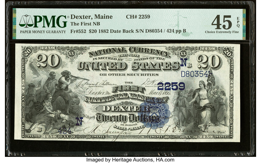 image for: Dexter, ME - $20 1882 Date Back Fr. 552 The First National Bank Ch. # (N)2259 PMG Choice Extremely Fine 45 EPQ....
