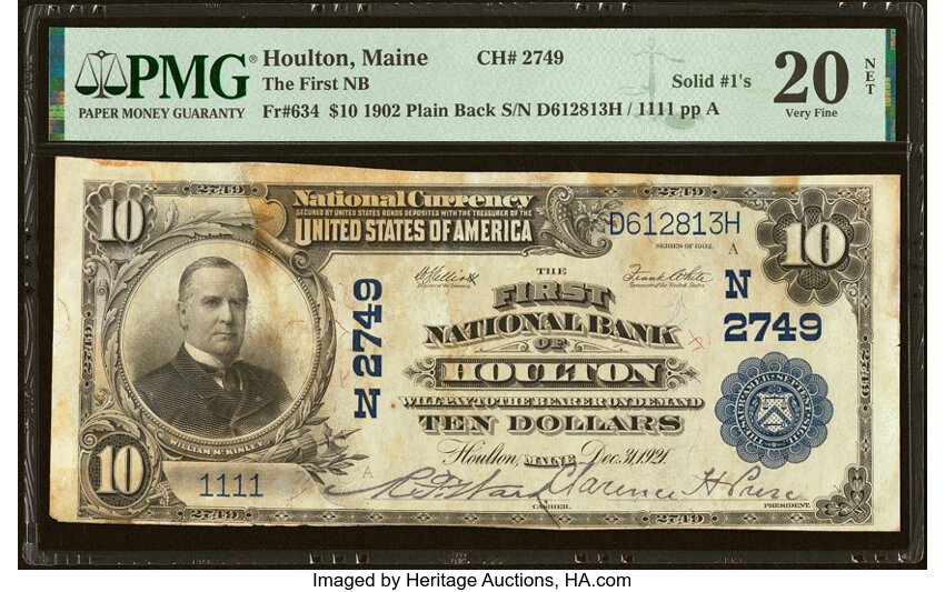 image for: Houlton, ME - $10 1902 Plain Back Fr. 634 The First National Bank Ch. # (N)2749 PMG Very Fine 20 Net....