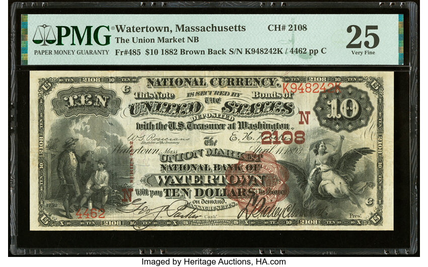 image for: Watertown, MA - $10 1882 Brown Back Fr. 485 The Union Market National Bank Ch. # (N)2108 PMG Very Fine 25....