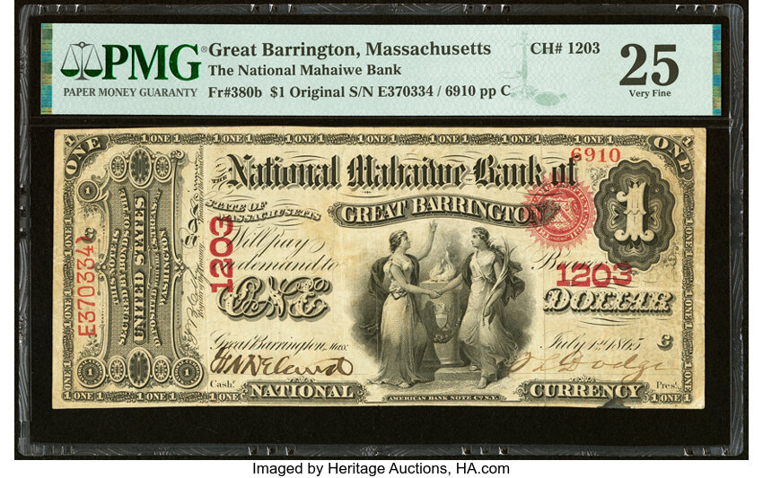 image for: Great Barrington, MA - $1 Original Fr. 380b The National Mahaiwe Bank Ch. # 1203 PMG Very Fine 25....