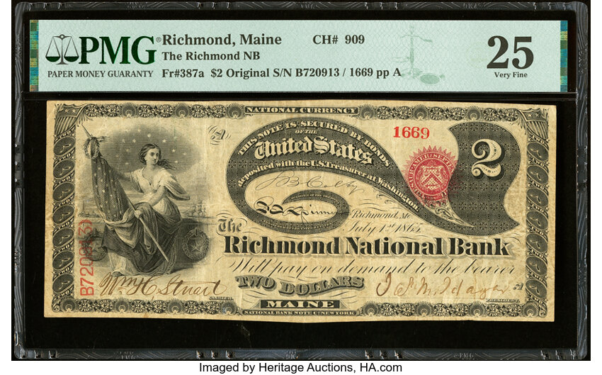image for: Richmond, ME - $2 Original Fr. 387a The Richmond National Bank Ch. # 909 PMG Very Fine 25....