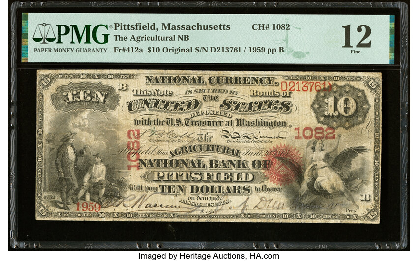 image for: Pittsfield, MA - $10 Original Fr. 412a The Agricultural National Bank Ch. # 1082 PMG Fine 12....