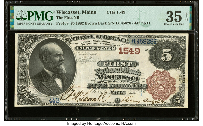 image for: Wiscasset, ME - $5 1882 Brown Back Fr. 469 The First National Bank Ch. # 1549 PMG Choice Very Fine 35 EPQ....