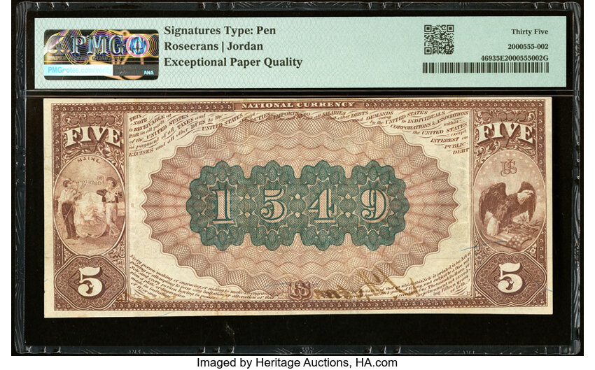 image for: Wiscasset, ME - $5 1882 Brown Back Fr. 469 The First National Bank Ch. # 1549 PMG Choice Very Fine 35 EPQ....