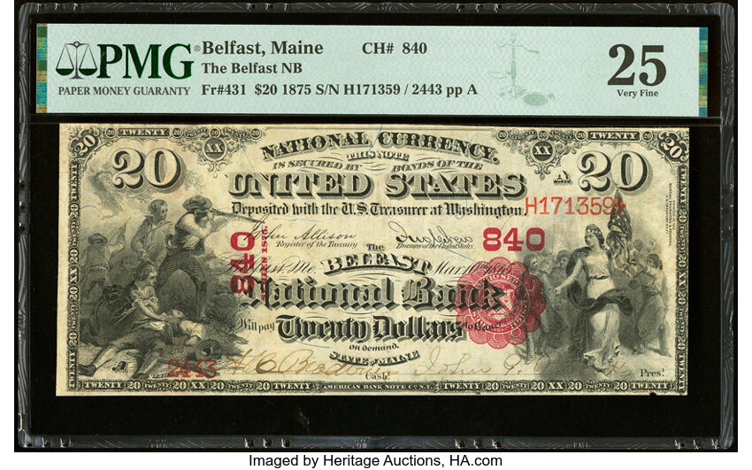image for: Belfast, ME - $20 1875 Fr. 431 The Belfast National Bank Ch. # 840 PMG Very Fine 25....