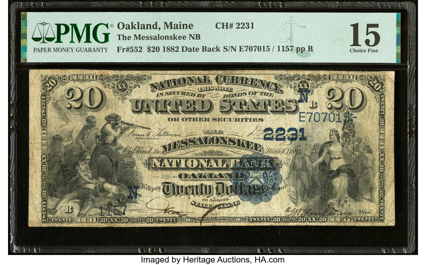 image for: Oakland, ME - $20 1882 Date Back Fr. 552 The Messalonskee National Bank Ch. # (N)2231 PMG Choice Fine 15....