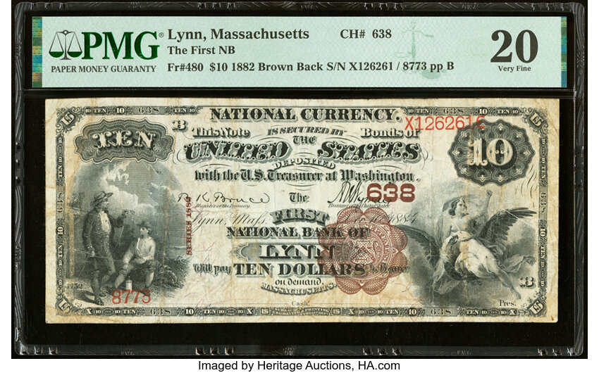 image for: Lynn, MA - $10 1882 Brown Back Fr. 480 The First National Bank Ch. # 638 PMG Very Fine 20....