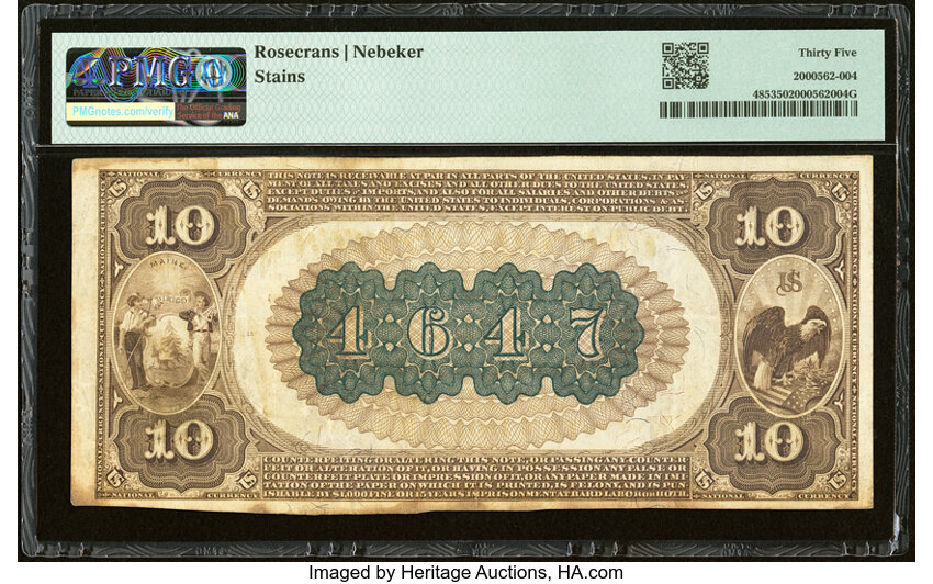 image for: Madison, ME - $10 1882 Brown Back Fr. 485 The First National Bank Ch. # (N)4647 PMG Choice Very Fine 35....